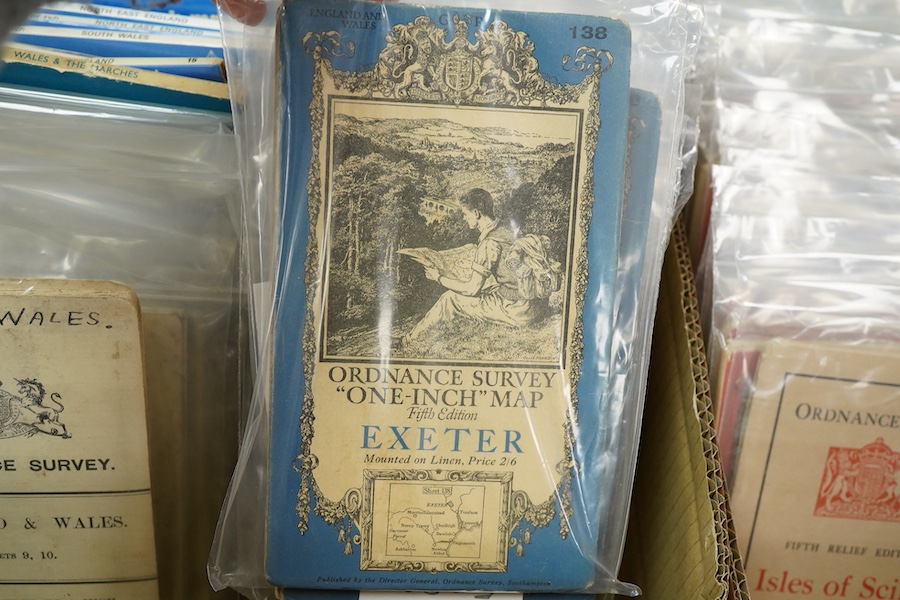 A collection of Ordnance Survey maps, including; One Inch series, Fifth Relief Edition, Tourist Map series, Quarter-inch series, etc. (2 boxes)